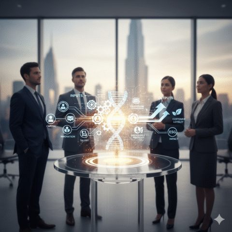 Business team interacting with futuristic holographic data in office.